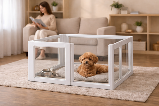 Dog resting calmly inside a transparent playpen with a bed and a water bowl in a modern living room